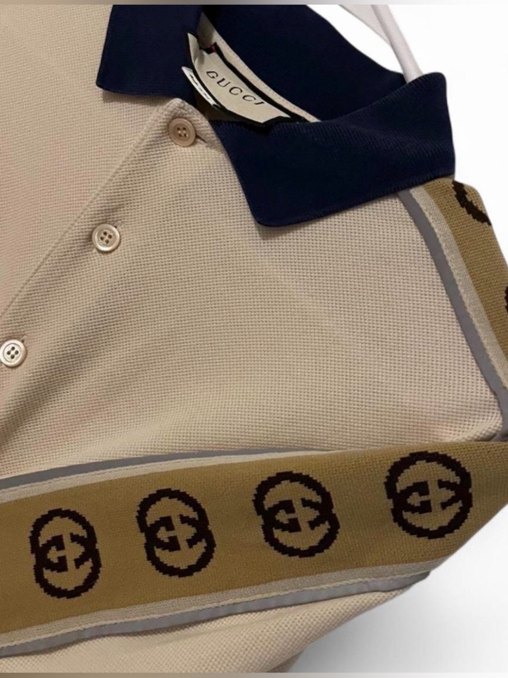 Gucci Beige Polo with Navy Collar and Tan Logo Band